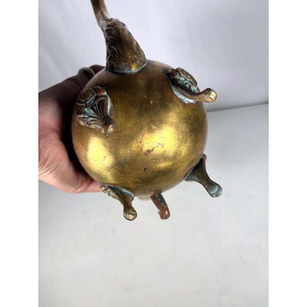 Vintage Brass Coffee Pot Teapot Footed Ornate Hinged Lid Pitcher Decor - Picture 7 of 13